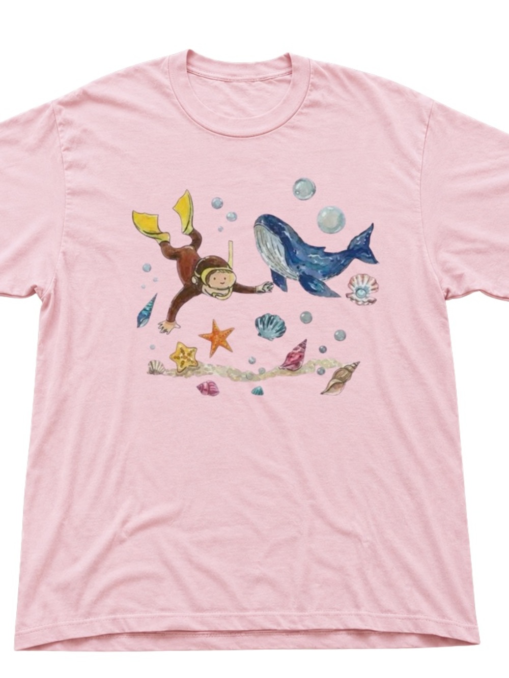 Pink Ocean Adventure T-Shirt with Whale and Diver Illustration